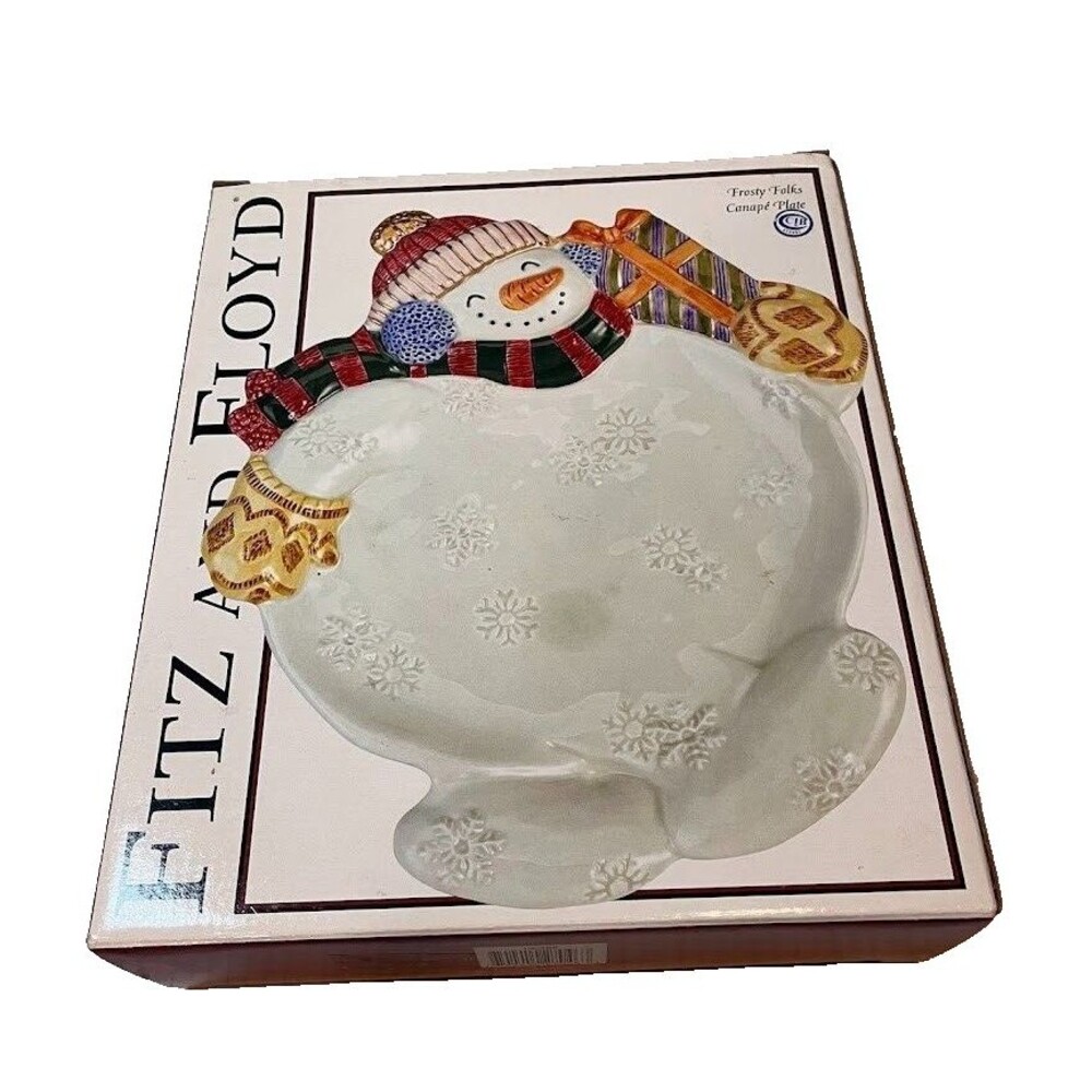 Fitz And Floyd Snowman Canape Plate, 2003 Christmas Holiday Cookie Candy Dish